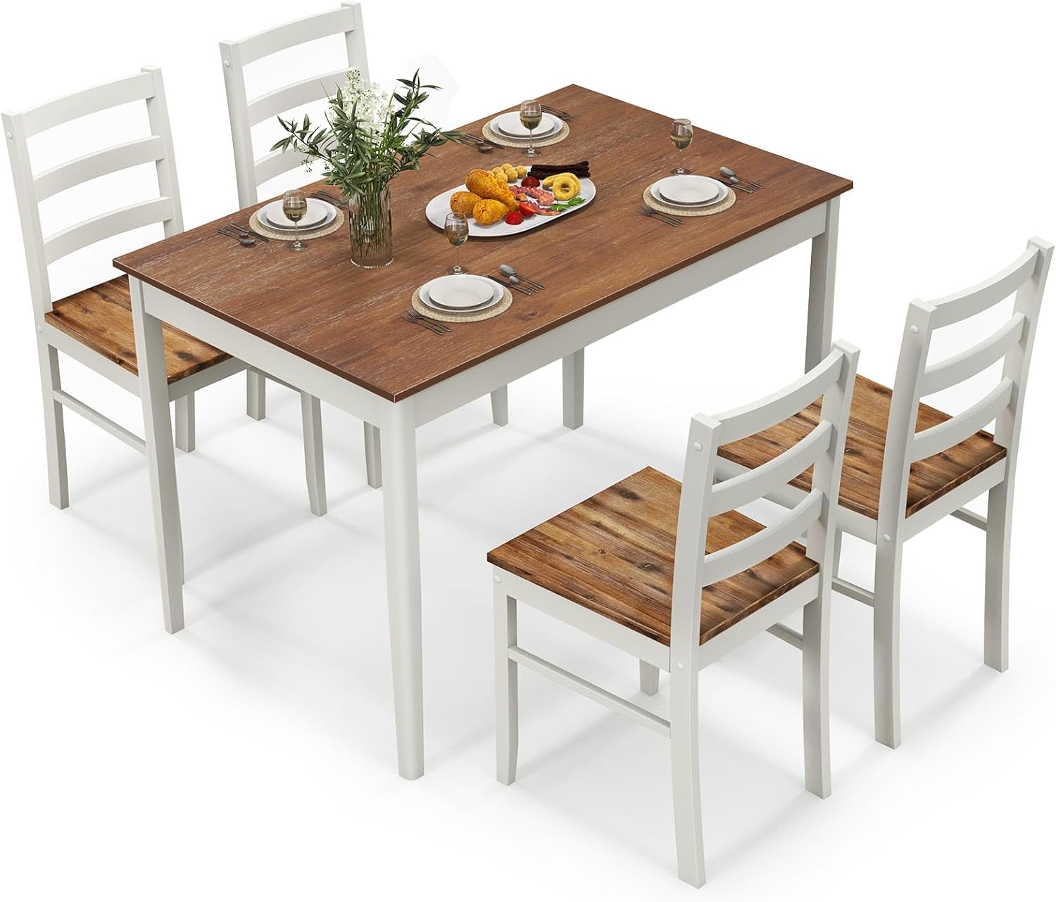 Giantex - Juego de mesa de comedor para 4, mesa rectangular de madera maciza y 4 sillas, juego de comedor de 5 piezas con patas de madera de goma, muebles de cocina que ahorran espacio para cocina,