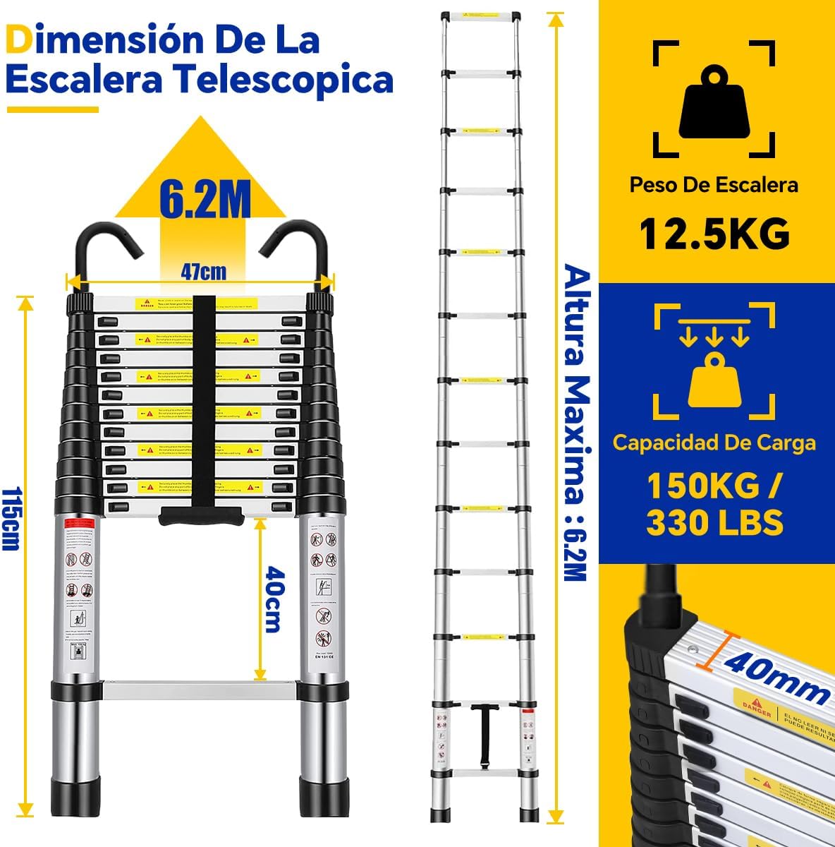 Bowoshen Escalera Telescópica De 6.2 Metros Escalera De Aluminio Segura Y Protegida Antideslizante Multiusos Escalera Extensible 20.5 Pies, 330 Libras Capacidad