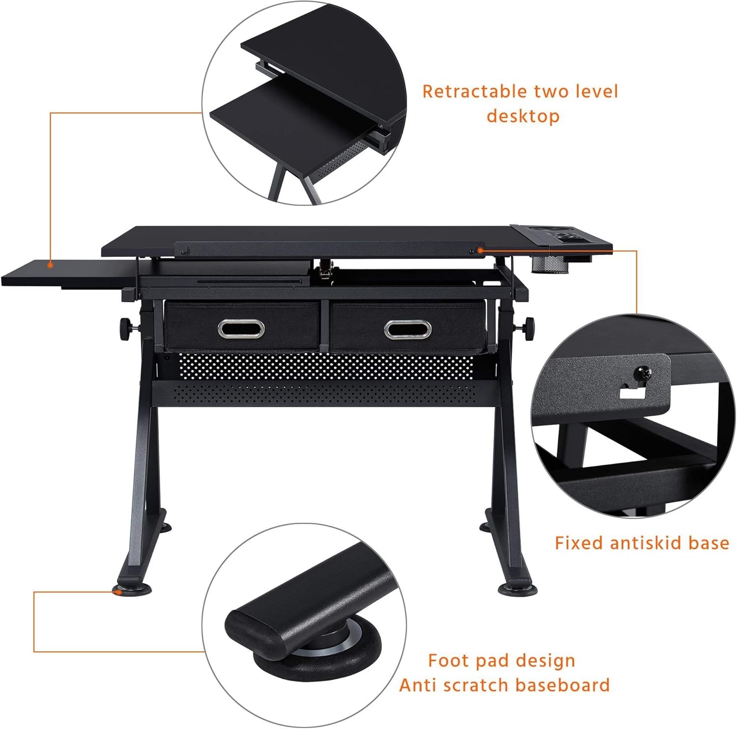 Yaheetech - computadora de arte blanco ajustable en altura para adultos, mesa inclinable de dibujo con computadora extragrande y cajones, juego de mesa y silla plegable para manualidades con taburetes