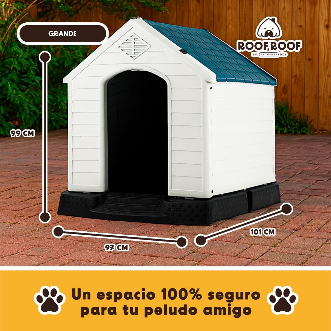 LEVEL HOME | Casa para Perro Grande con Diseño Protector Sellado - Material PP Duradero | Piso Elevado y Techo Inclinado de Asfalto - 97cm x 110 cm x 99 cm