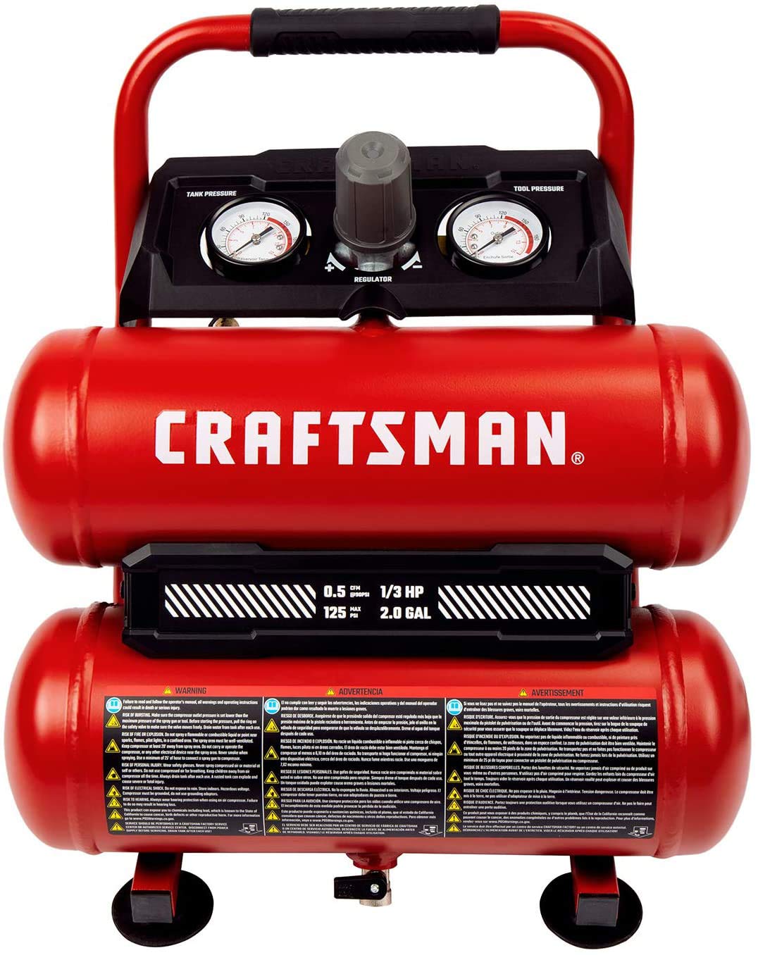CRAFTSMAN Compresor de aire, compresor de aire portátil de 2 galones, tanque doble, 1/3 HP sin aceite, presión máxima de 125 PSI, modelo: CMXECXA0220242, rojo