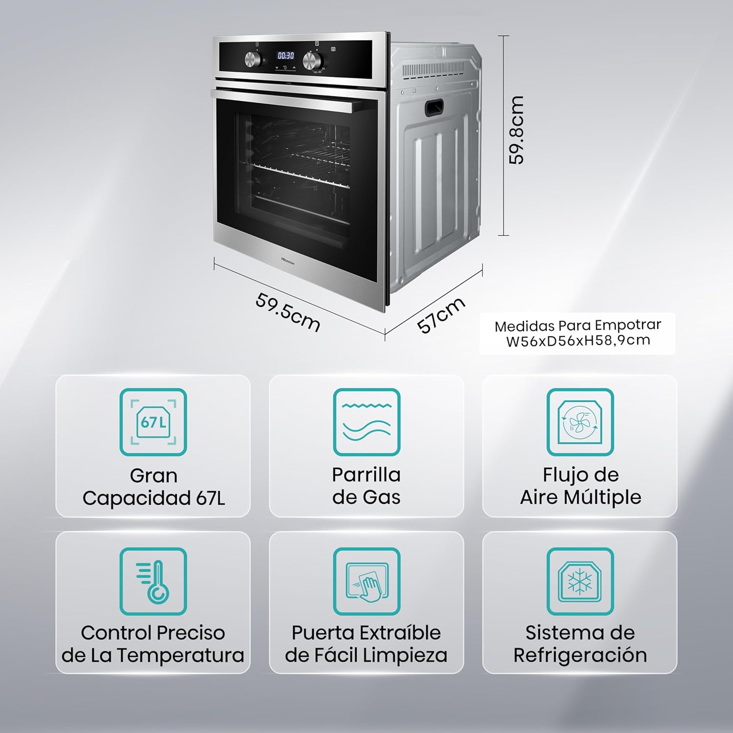 Hisense Horno de gas empotrable 67L, parrilla de gas, flujo de aire múltiple, temperatura precisa, puerta extraíble de fácil limpieza, temporizador, HGO602BS