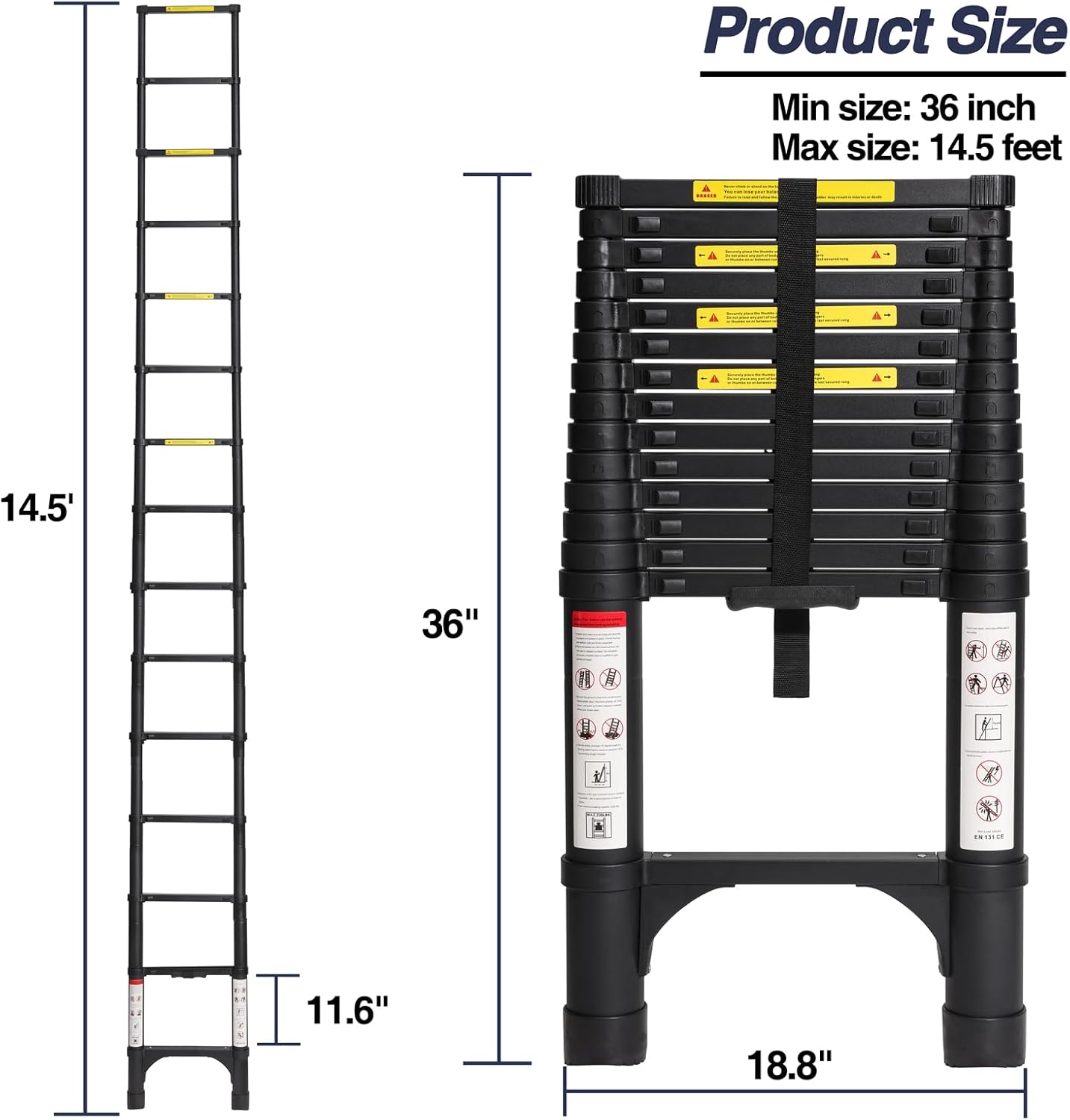 BOCOM Escalera telescópica de Aluminio 14.5 pies, Ligera, Plegable y Multiusos con 2 estabilizadores Triangulares. Capacidad de 330 Libras, Ideal para hogar, Caravana y Trabajo Exterior.