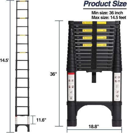 BOCOM Escalera telescópica de Aluminio 14.5 pies, Ligera, Plegable y Multiusos con 2 estabilizadores Triangulares. Capacidad de 330 Libras, Ideal para hogar, Caravana y Trabajo Exterior.