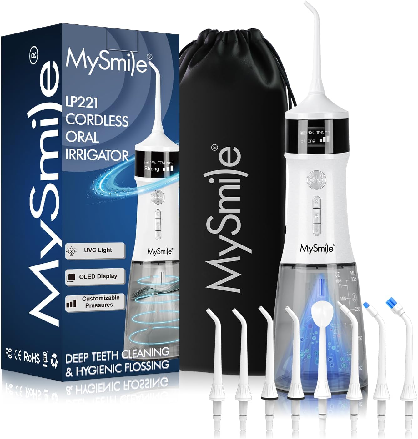 MySmile Irrigador Bucal Portátil, 5 Modos, 50–150 PSI, Depósito de 350 ml, 8 Boquillas y Recarga USB — Paquete de 3