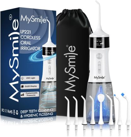 MySmile Irrigador Bucal Portátil, 5 Modos, 50–150 PSI, Depósito de 350 ml, 8 Boquillas y Recarga USB — Paquete de 3
