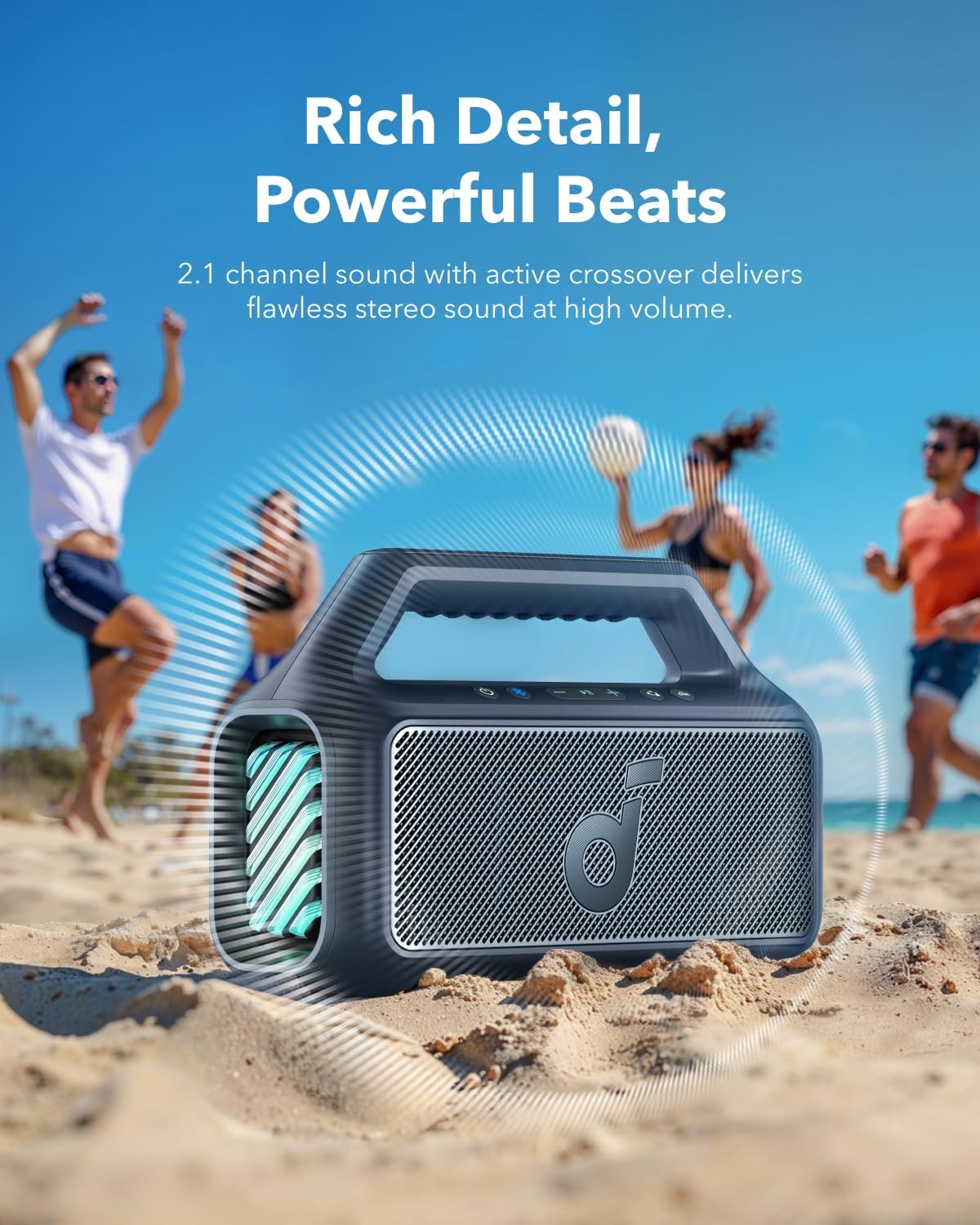 Soundcore Boom 2 bocina, 60W RMS y Tecnología BassUp, 24 Horas de reproducción, Sincroniza +100 Altavoces, IPX 7 y flotación, Altavoz Inalámbrico, Portátil Bluetooth, Party Box