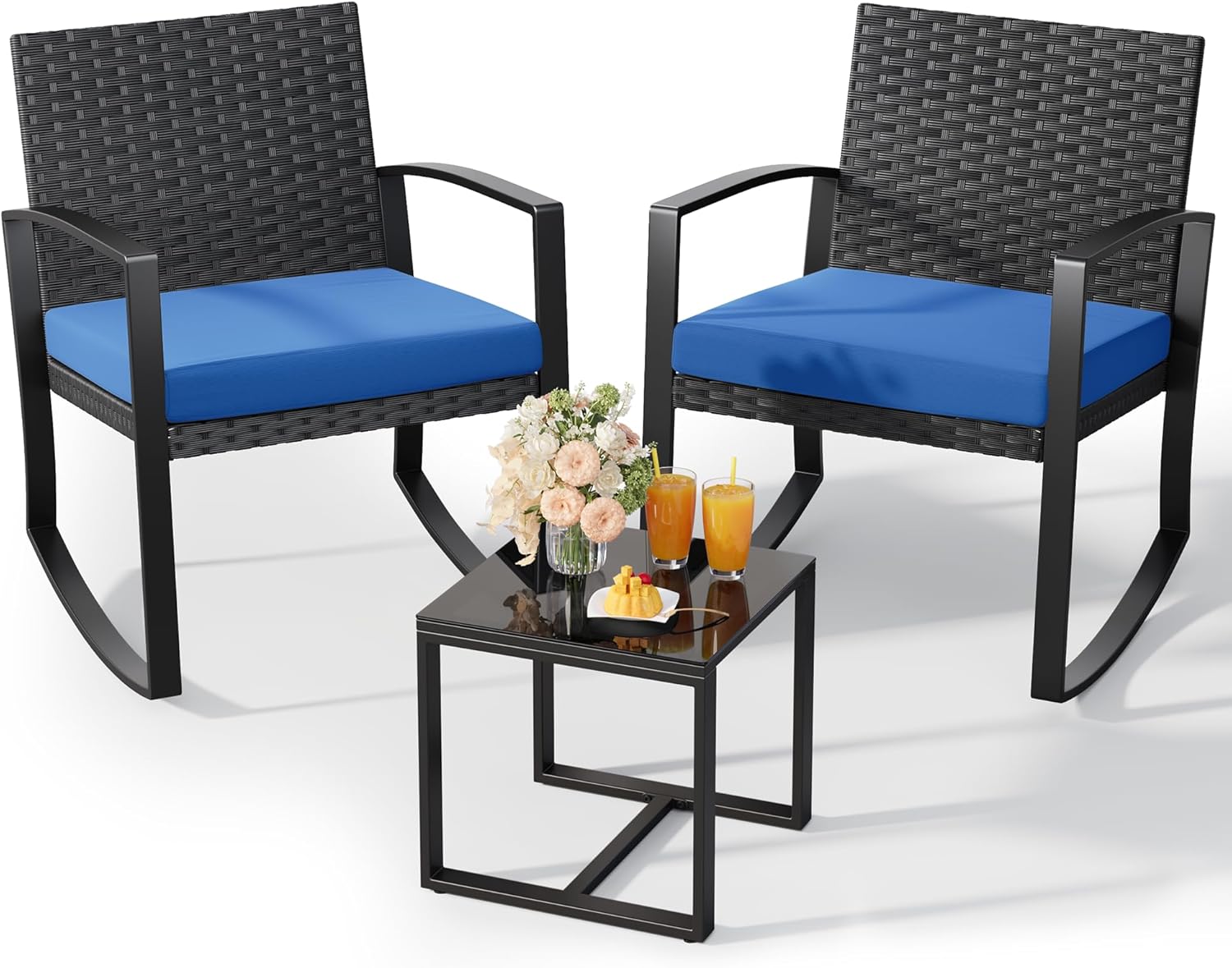 Qsun Juego de muebles de patio de 3 piezas, juego de bistró mecedor, juego de muebles de patio al aire última intervensión con mesa de centro para jardín, balcón, patio trasero, piscina (cojín negro)