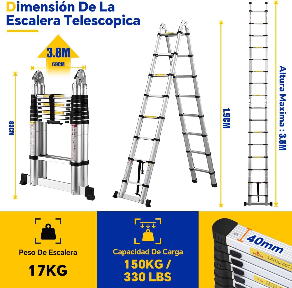 Bowoshen Escalera Telescópica De 6.2 Metros Escalera De Aluminio Segura Y Protegida Antideslizante Multiusos Escalera Extensible 20.5 Pies, 330 Libras Capacidad