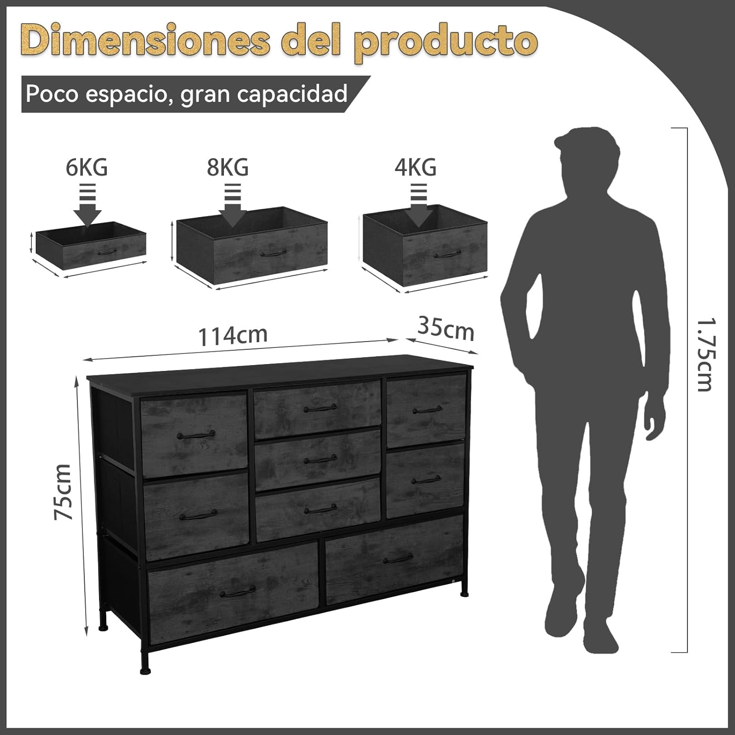 FURRIFIC Cómoda Gran Capacidad de 9 Cajones,115 * 75 * 35cm,Cajonera para Recamara,Ropa,Hogar Y Oficina,Organizador Cajonera de Estructura Metal con Cajones de Tela en 3 Tamaños