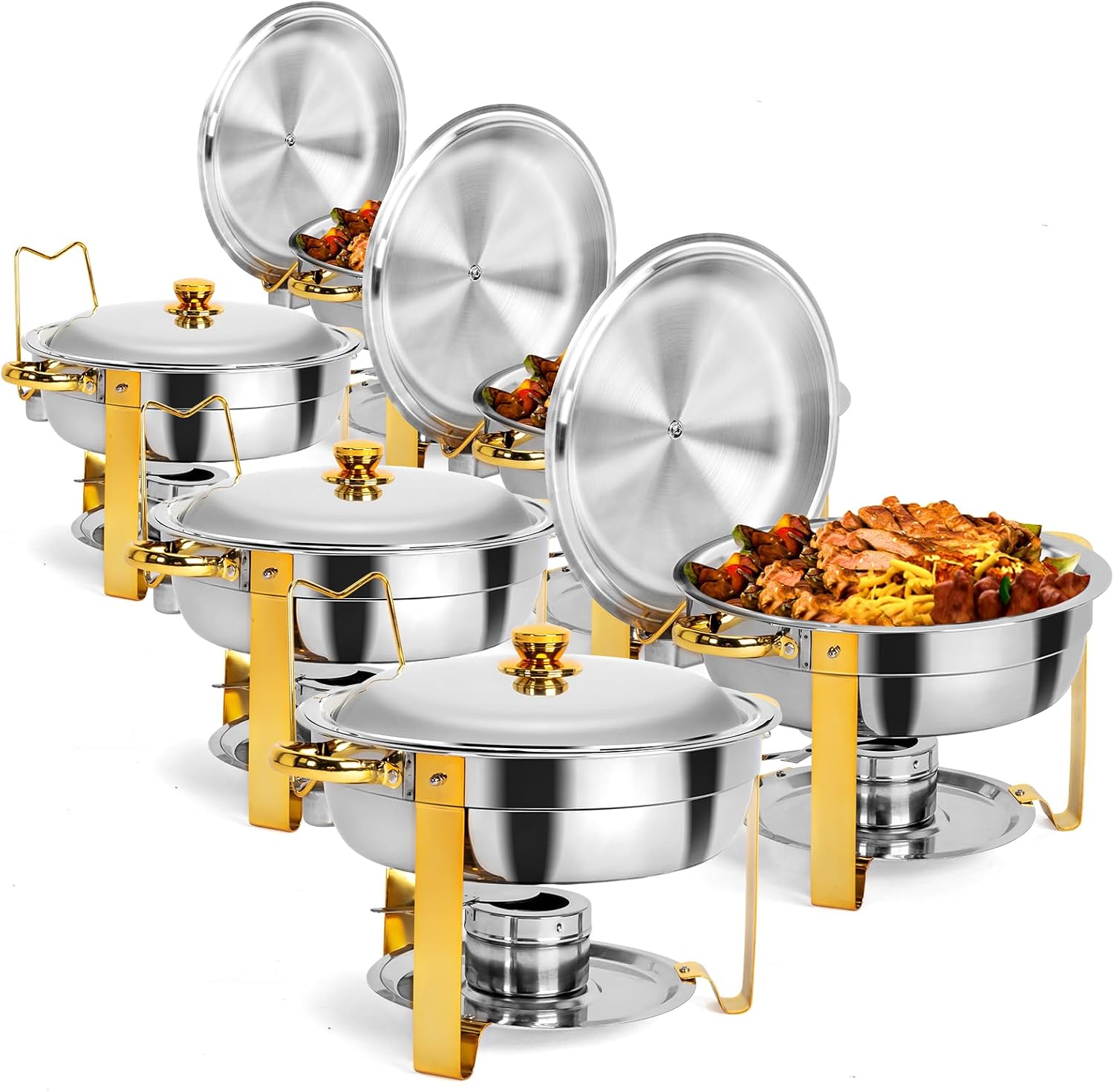  Juego de 8 platos dorados para bufé, juego de buffet redondo de 5 cuartos de galón, chafers de acero inoxidable y calentadores de buffet para fiestas, bodas, catering