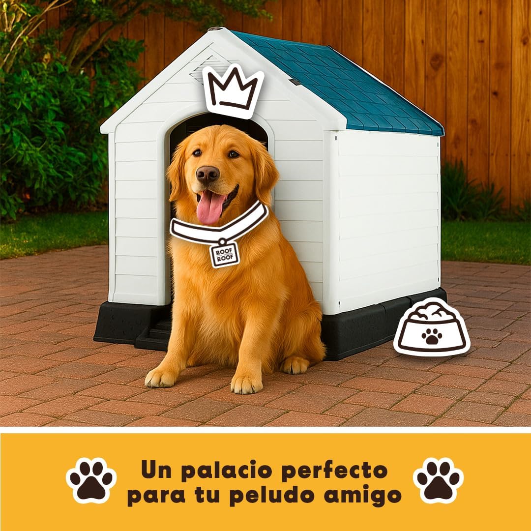 LEVEL HOME | Casa para Perro Grande con Diseño Protector Sellado - Material PP Duradero | Piso Elevado y Techo Inclinado de Asfalto - 97cm x 110 cm x 99 cm
