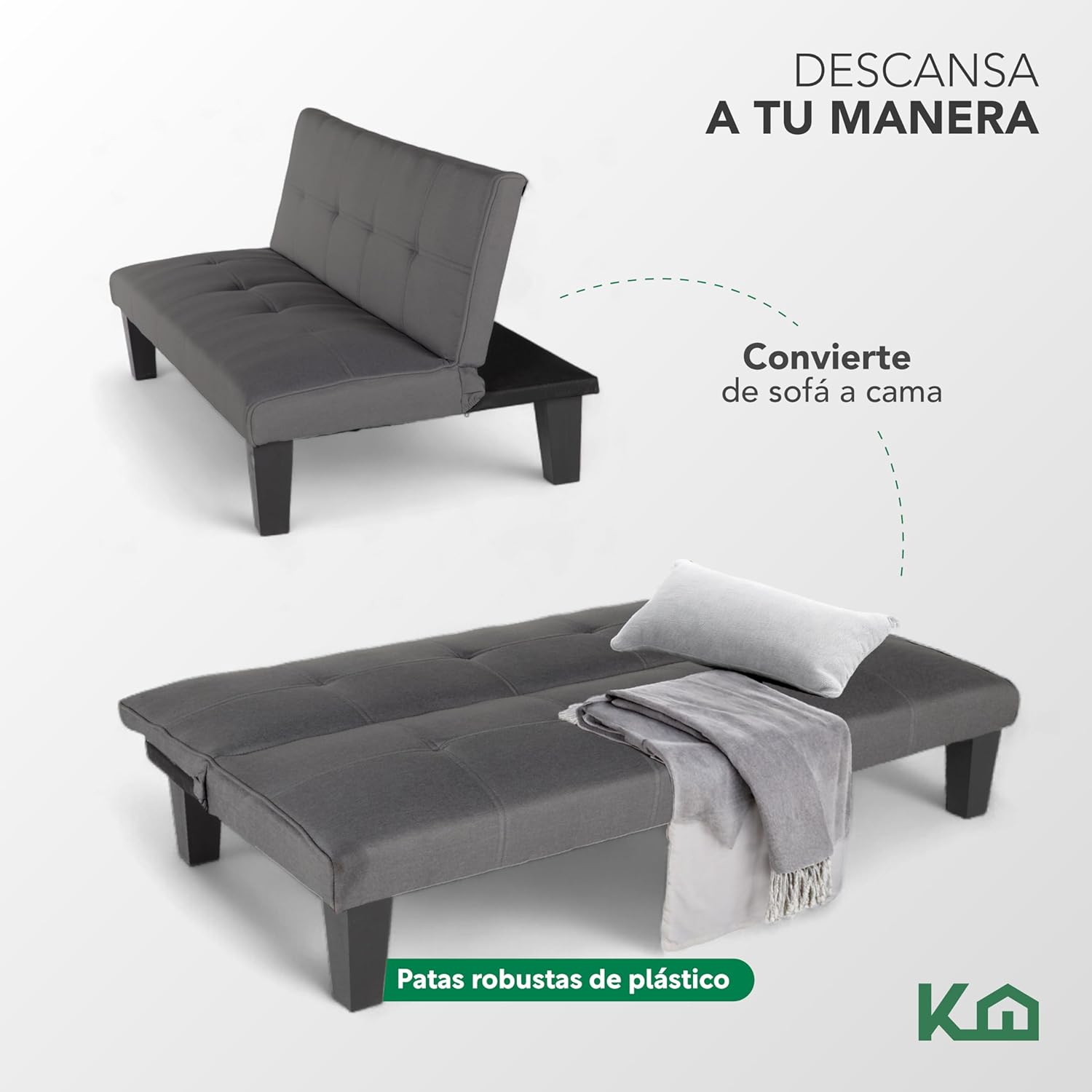 Kingshouse | Sofá Cama Individual Plegable – Sillón MIA – Estructura Madera – Tapizado en Lino Suave – Compacto y Multifuncional – Gris Oscuro