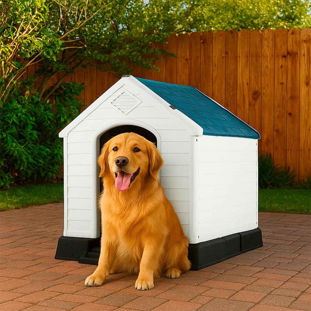 LEVEL HOME | Casa para Perro Grande con Diseño Protector Sellado - Material PP Duradero | Piso Elevado y Techo Inclinado de Asfalto - 97cm x 110 cm x 99 cm