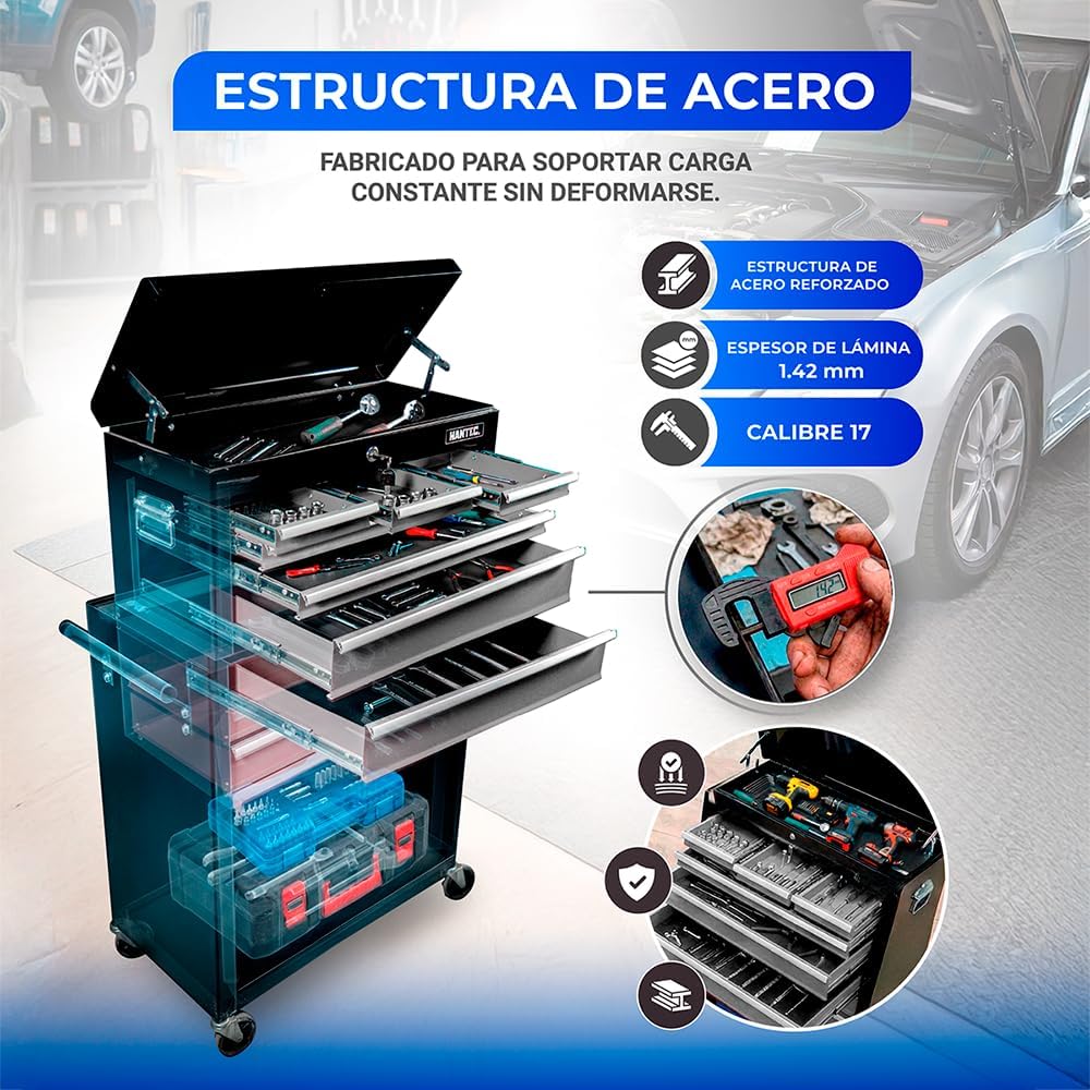 Hantec - Combo Caja de Herramientas y Estante Móvil - 9 Cajones Deslizables, Metal Reforzado con Ruedas y Cerradura - Color Gris