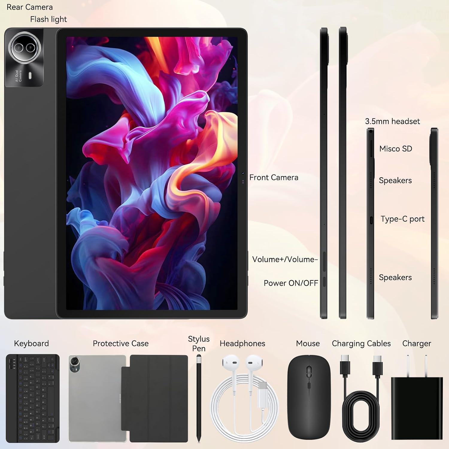 URAO Tablet Android 15, 14 pulgadas 30 GB RAM, 256 GB ROM, 1920 x 1200 IPS FHD, 10000 mAh, carga rápida de 30 W, procesador Octa-Core, Wi-Fi 6, BT 5.4,...
