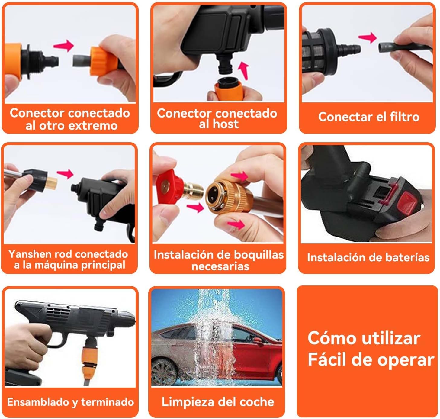 ACOVARK Hidrolavadora Inalámbrica Portátil con 2 Boquillas y Cañón de Espuma, Pistola para Hidrolavadora con Manguera de 5m, Alcance de 6-8 Metros, con Caja de Herramientas, para Pisos y Vehículos