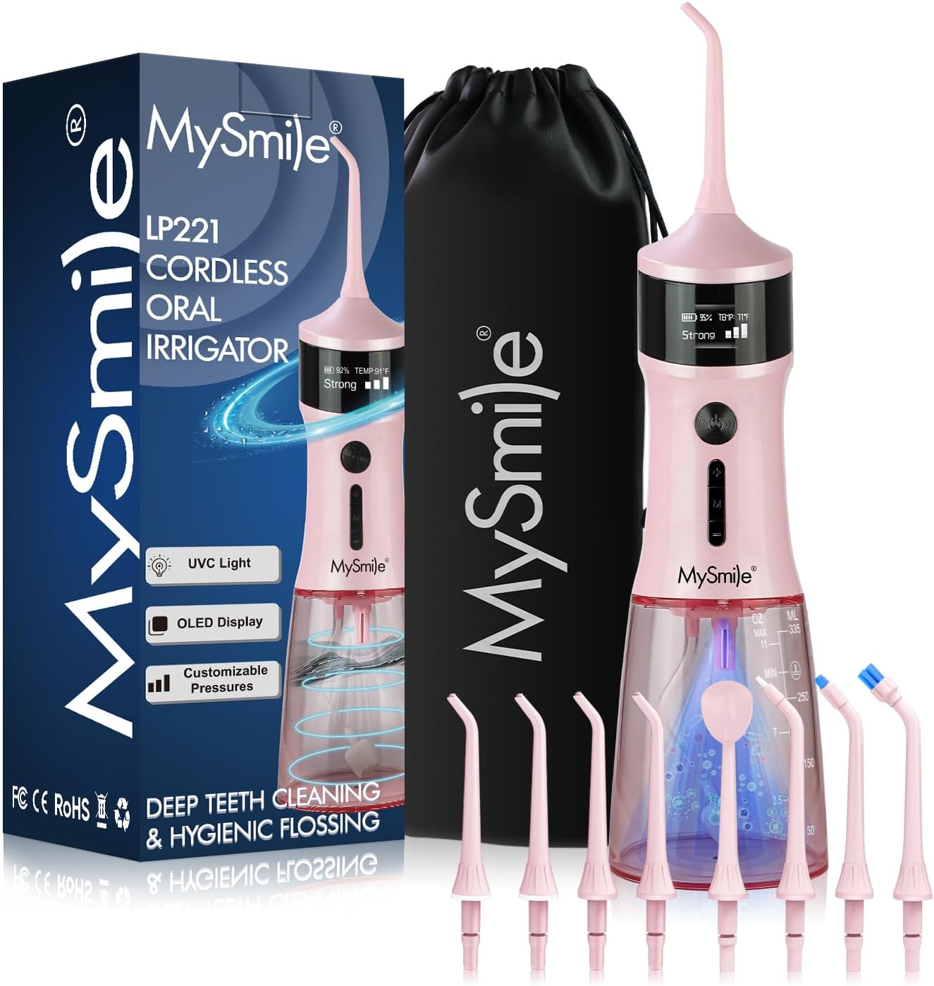 MySmile Irrigador Bucal Portátil, 5 Modos, 50–150 PSI, Depósito de 350 ml, 8 Boquillas y Recarga USB — Paquete de 3