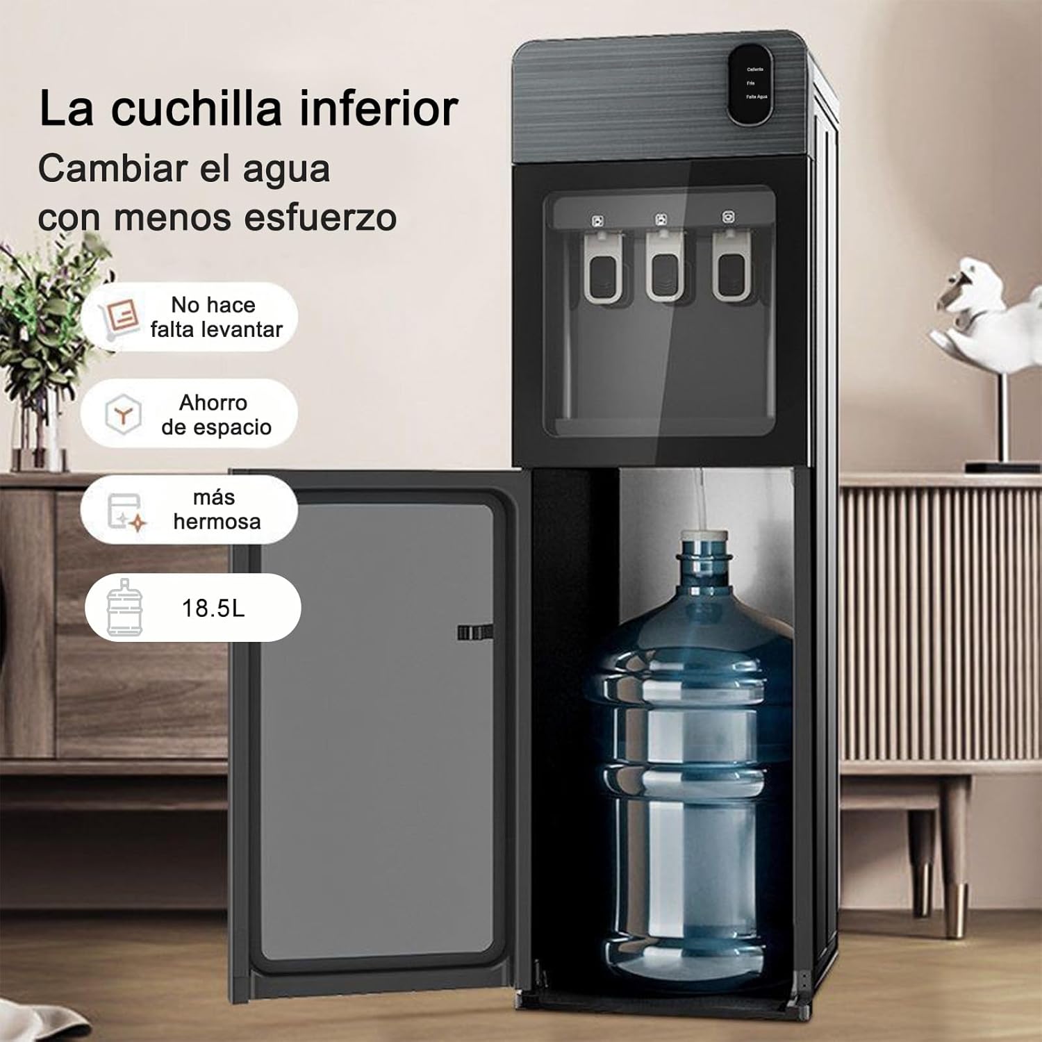 Despachador de Agua Garrafon Oculto 3 Ajustes de Temperatura Dispensador de Agua-Caliente Fría y A gua de la Habitación Dispensador de AG UA de Acero Apto para Botellas de 18.5 L (Gris)