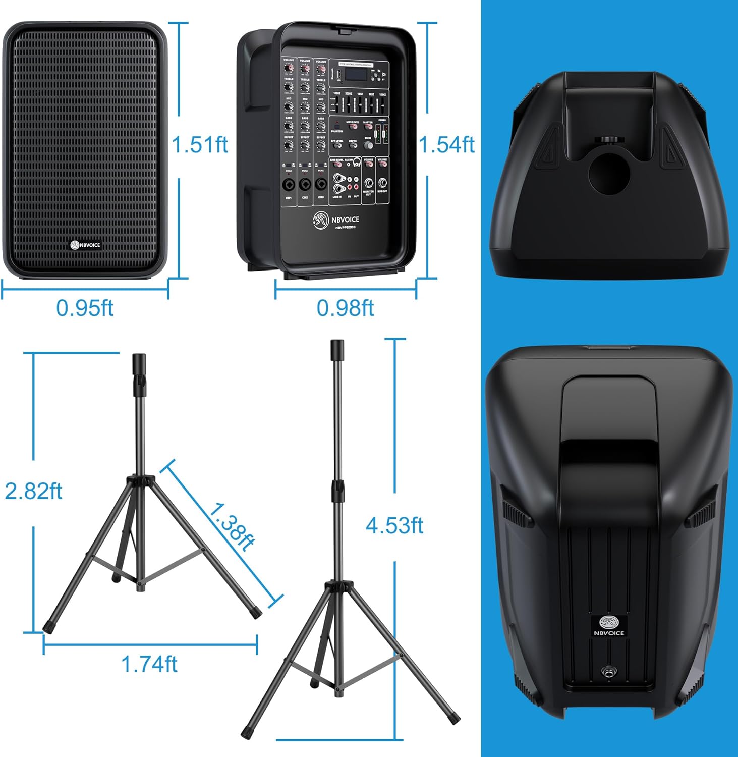 Sistema de PA de 2 vías integrado profesional portátil todo en uno, configuración fija, diseño de veliz con mezclador de 8 canales, 2 soportes de altavoces, Bluetooth, micrófono para