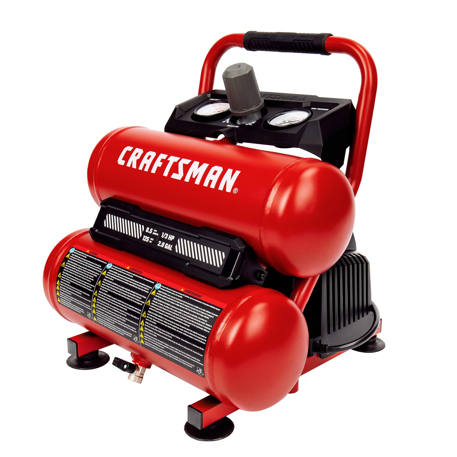 CRAFTSMAN Compresor de aire, compresor de aire portátil de 2 galones, tanque doble, 1/3 HP sin aceite, presión máxima de 125 PSI, modelo: CMXECXA0220242, rojo