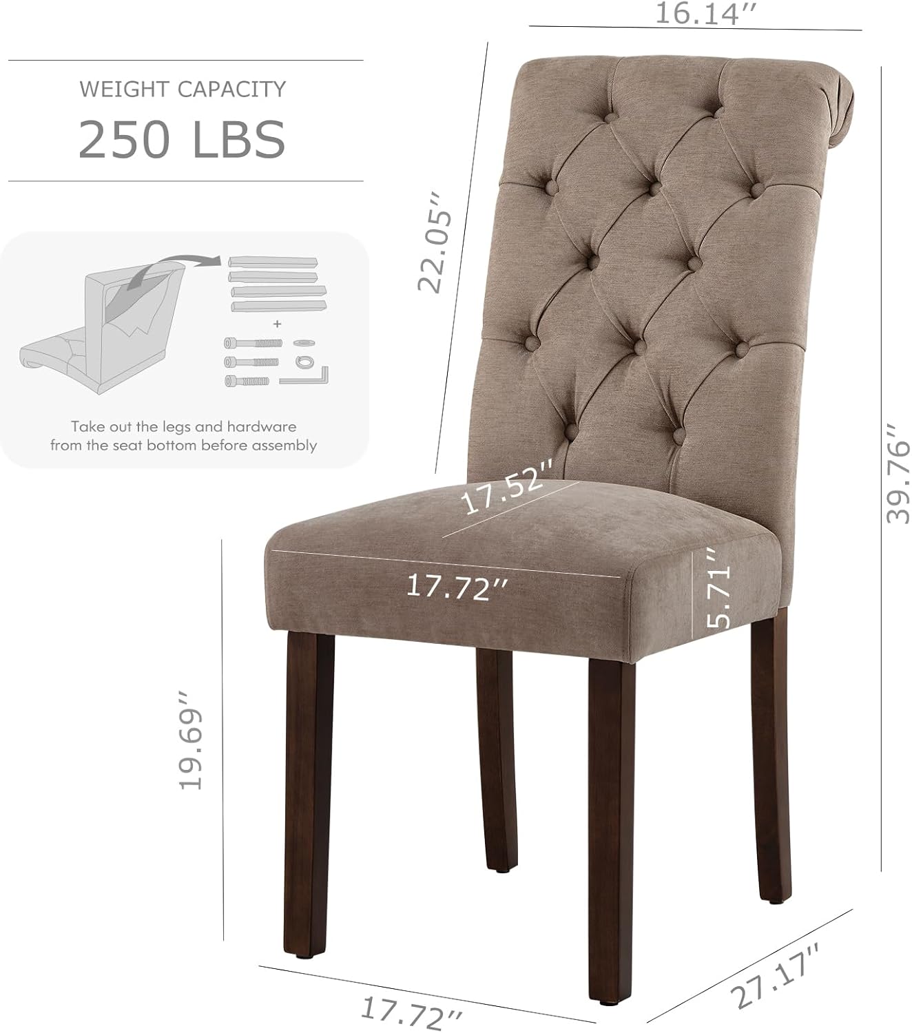 COLAMY - Juego de 6 sillas de Comedor con Botones y tapizadas, con Patas de Madera Maciza y Asiento Acolchado para Comedor, Cocina, Color Gris