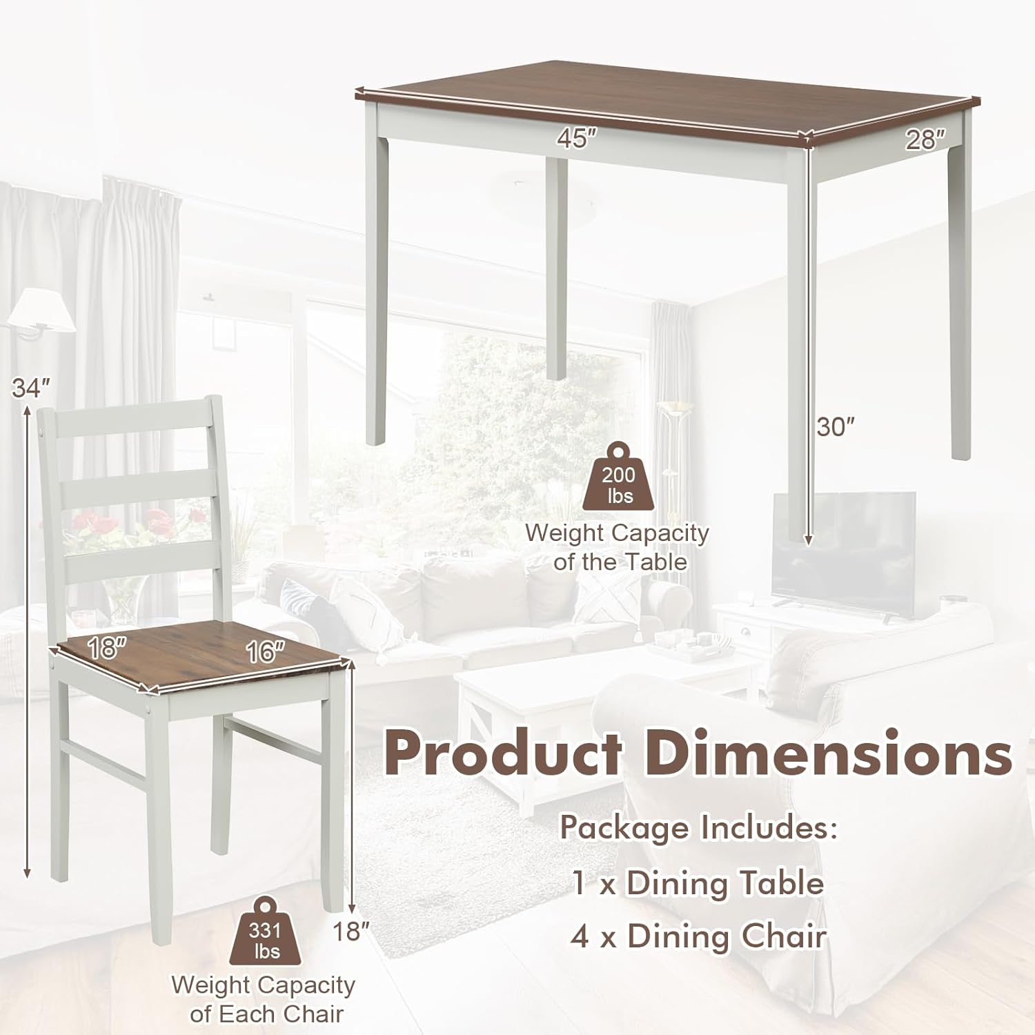 Giantex - Juego de mesa de comedor para 4, mesa rectangular de madera maciza y 4 sillas, juego de comedor de 5 piezas con patas de madera de goma, muebles de cocina que ahorran espacio para cocina,