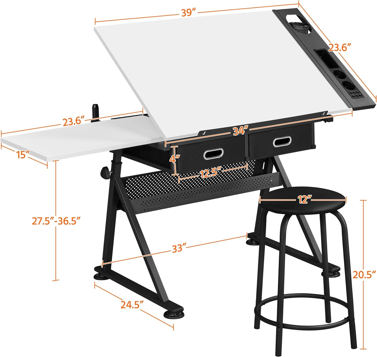 Yaheetech - computadora de arte blanco ajustable en altura para adultos, mesa inclinable de dibujo con computadora extragrande y cajones, juego de mesa y silla plegable para manualidades con taburetes