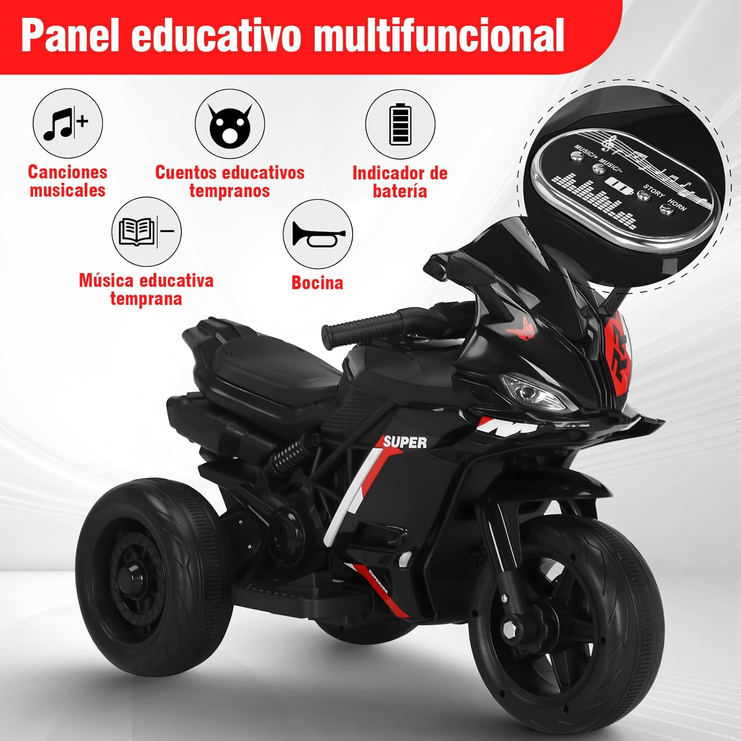 HONEYWHALE 6688 Moto Electrica Infantil Niño, Carro Electrico Niño Montable con Luz Led y Musica, Triciclo con Modo de Retroceso, Velocidad Máxima 4KM/H, Autonomía de 45 Minutos