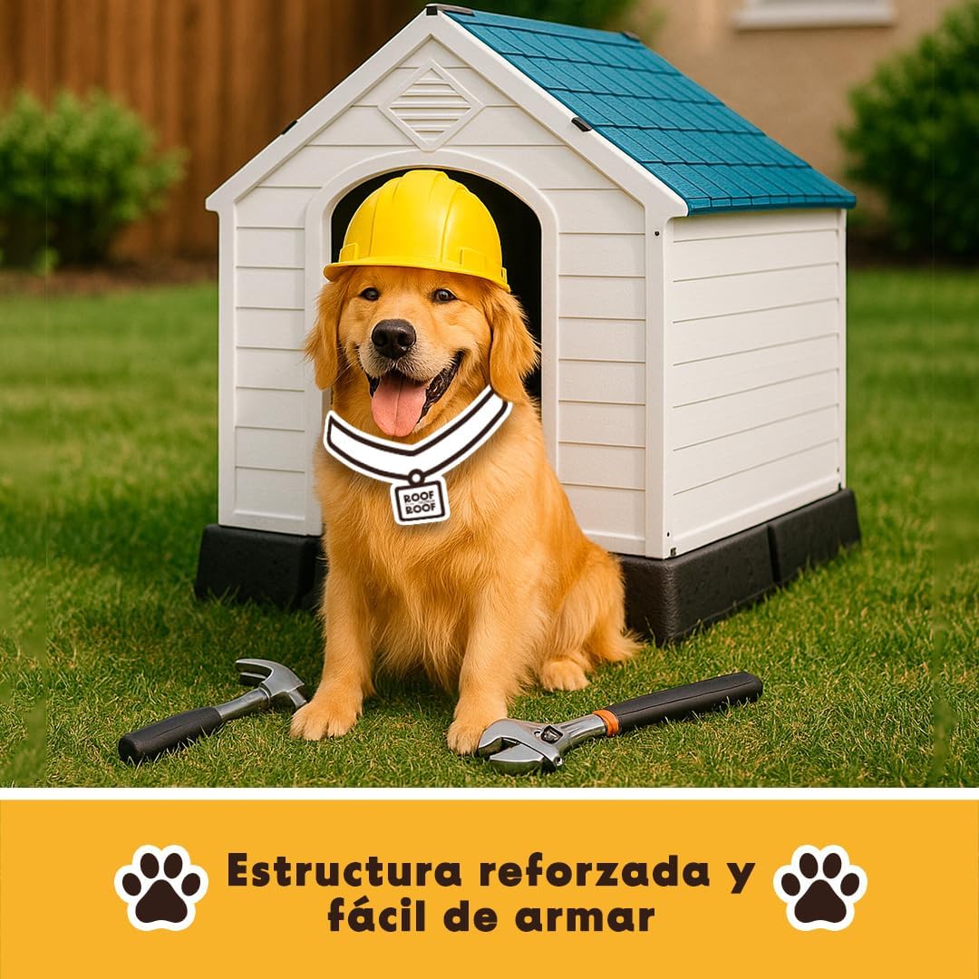 LEVEL HOME | Casa para Perro Grande con Diseño Protector Sellado - Material PP Duradero | Piso Elevado y Techo Inclinado de Asfalto - 97cm x 110 cm x 99 cm