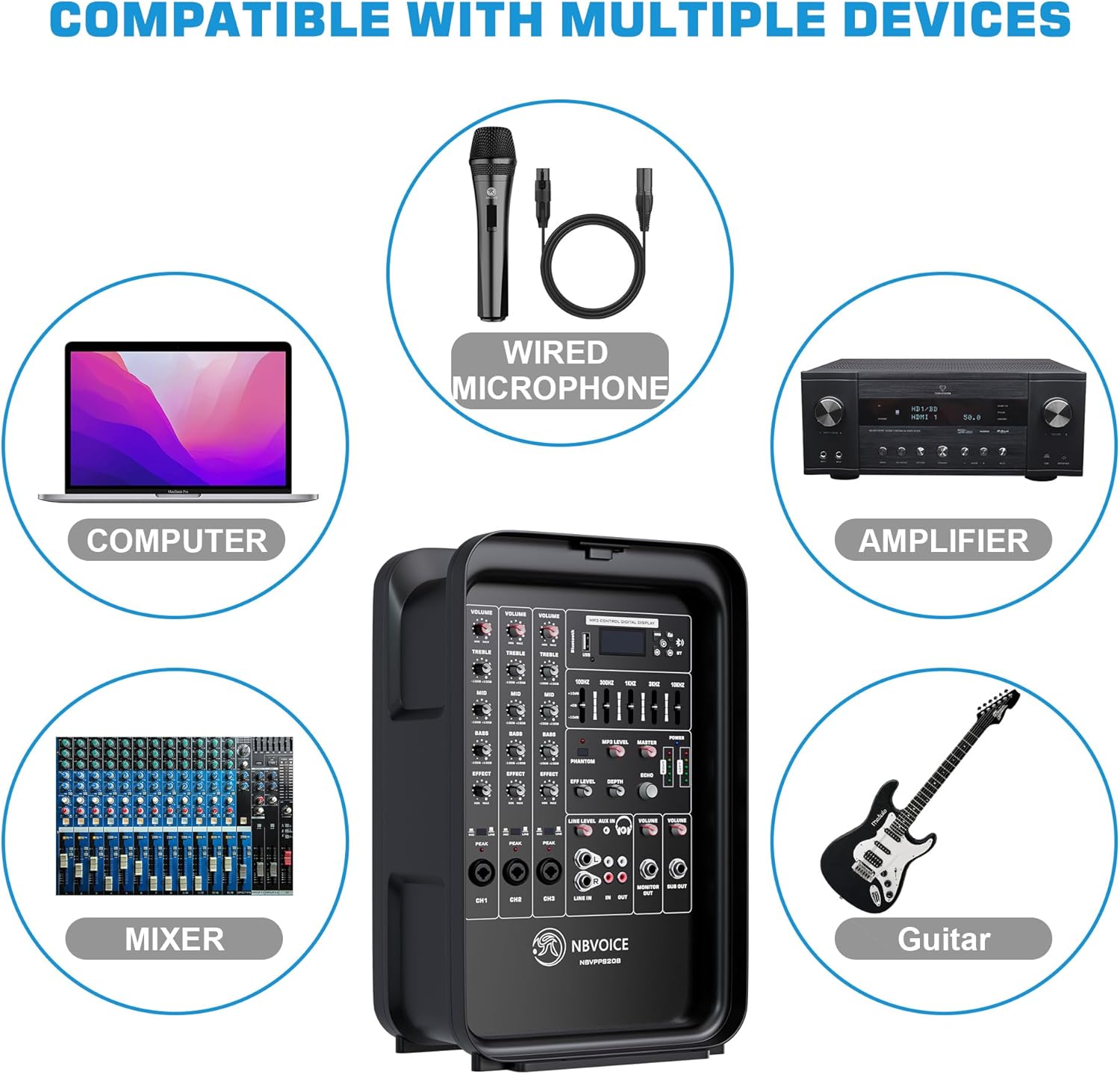 Sistema de PA de 2 vías integrado profesional portátil todo en uno, configuración fija, diseño de veliz con mezclador de 8 canales, 2 soportes de altavoces, Bluetooth, micrófono para