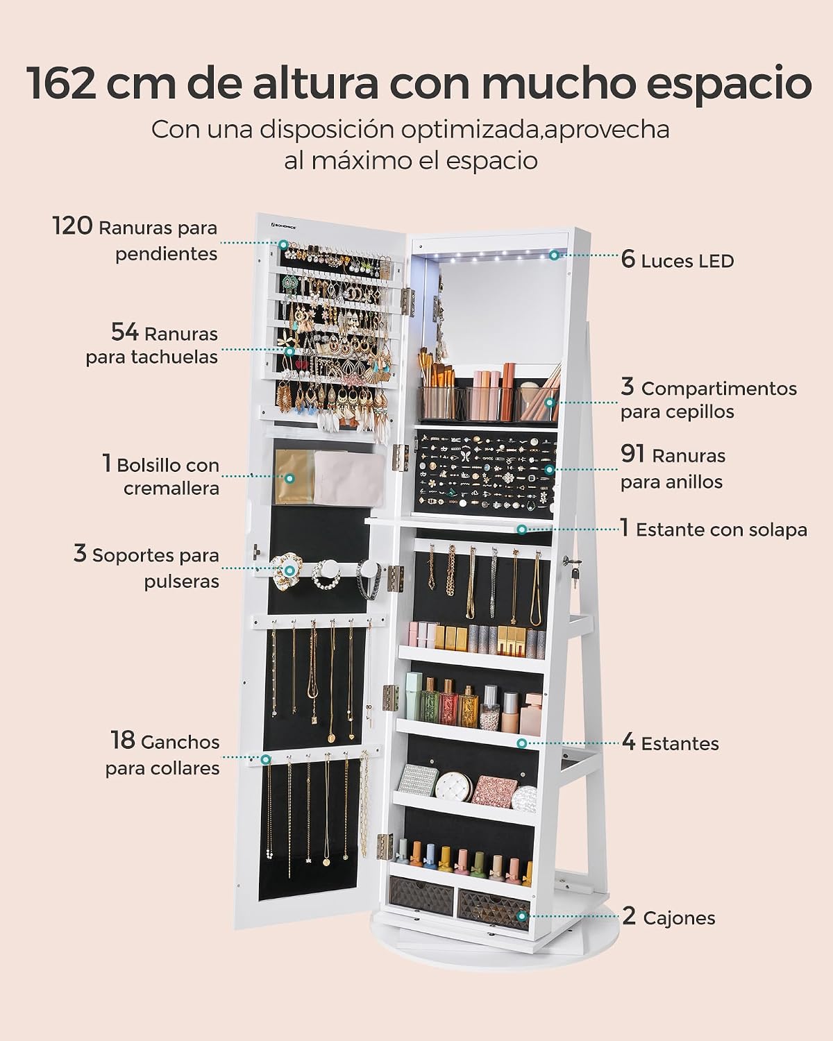 ✨ Espejo de Cuerpo Entero con Armario Joyero Giratorio 360° | Luz LED de 3 Colores | Organizador con Cerradura | Almacenamiento Multifuncional para Dormitorio 💎