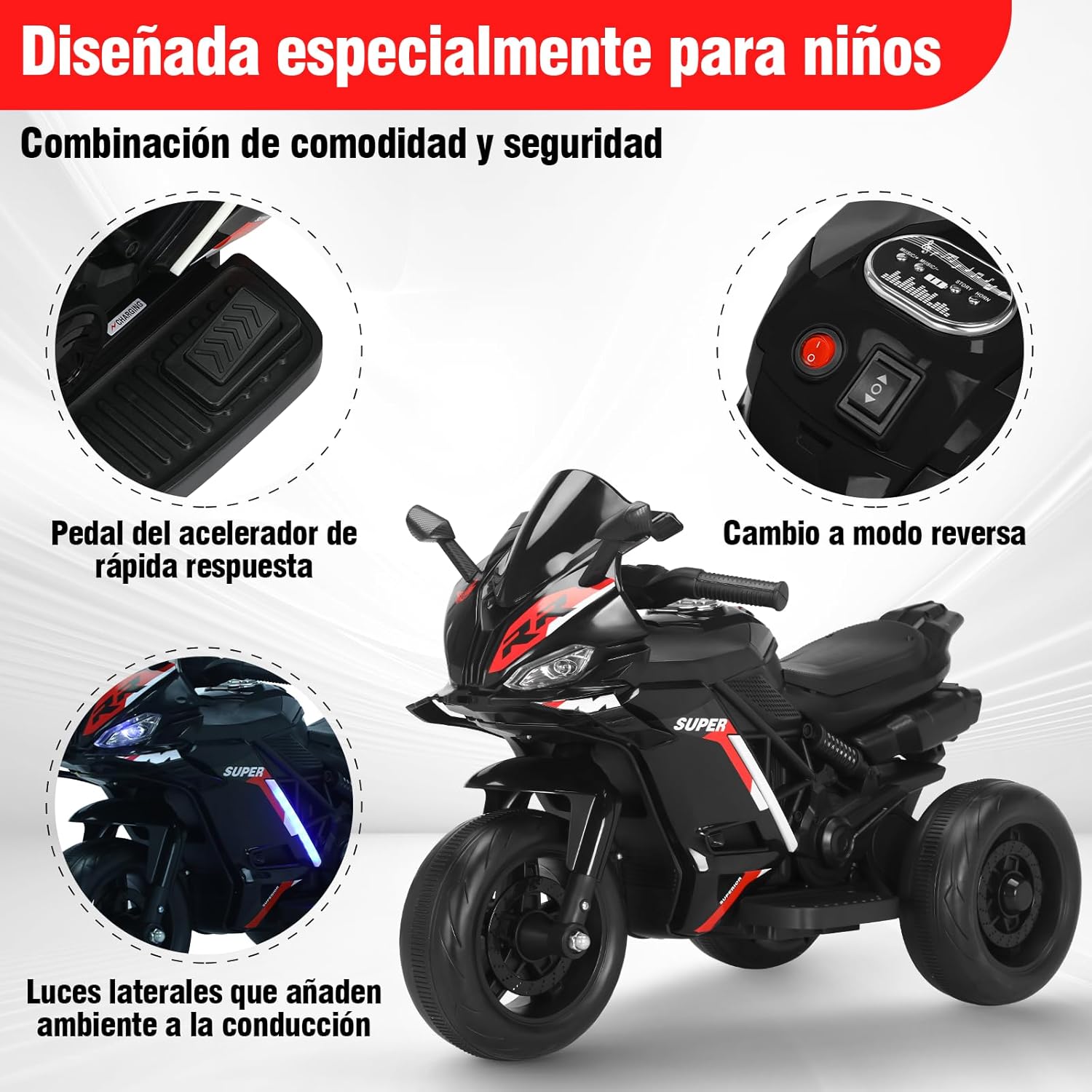 HONEYWHALE 6688 Moto Electrica Infantil Niño, Carro Electrico Niño Montable con Luz Led y Musica, Triciclo con Modo de Retroceso, Velocidad Máxima 4KM/H, Autonomía de 45 Minutos