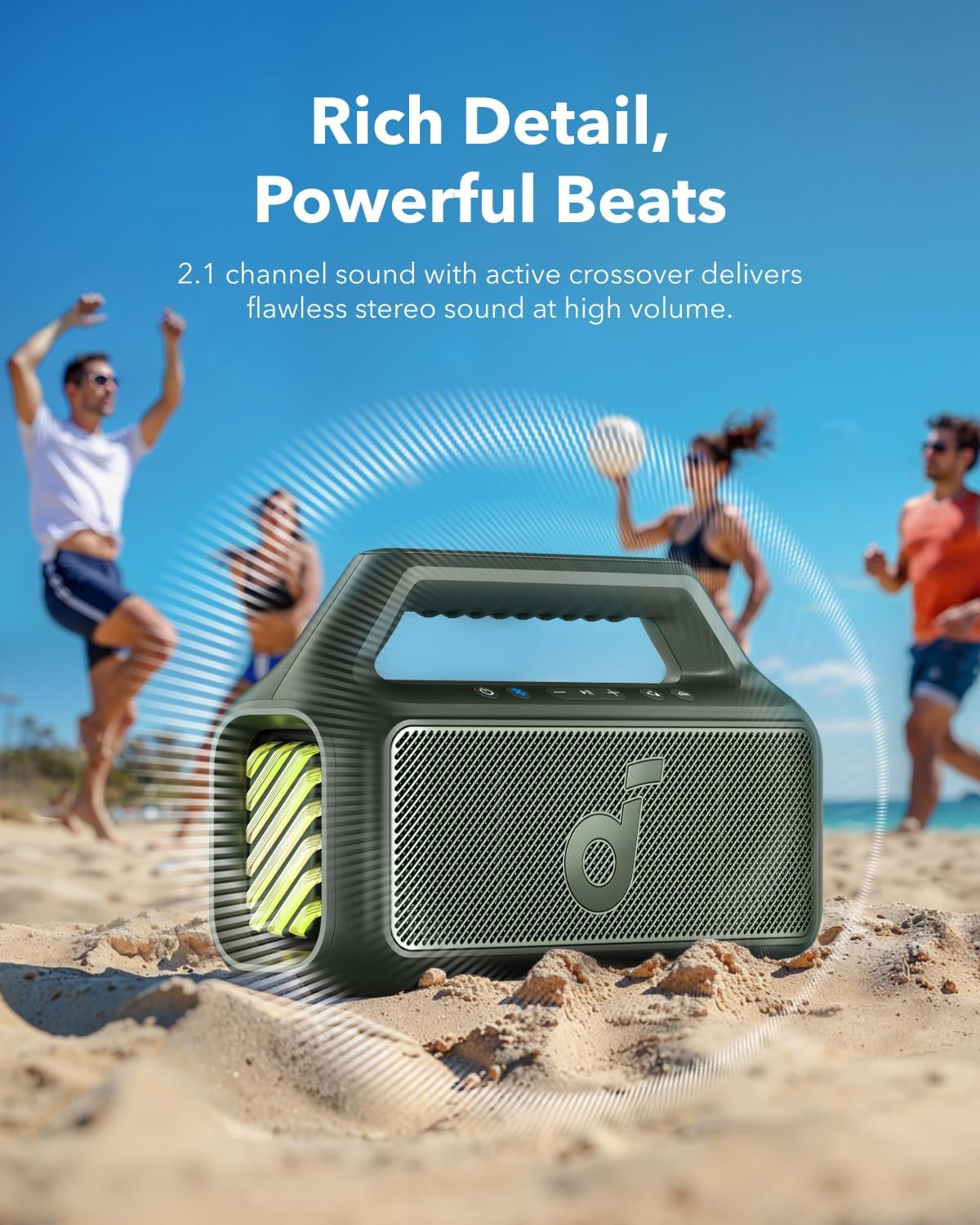 Soundcore Boom 2 bocina, 60W RMS y Tecnología BassUp, 24 Horas de reproducción, Sincroniza +100 Altavoces, IPX 7 y flotación, Altavoz Inalámbrico, Portátil Bluetooth, Party Box