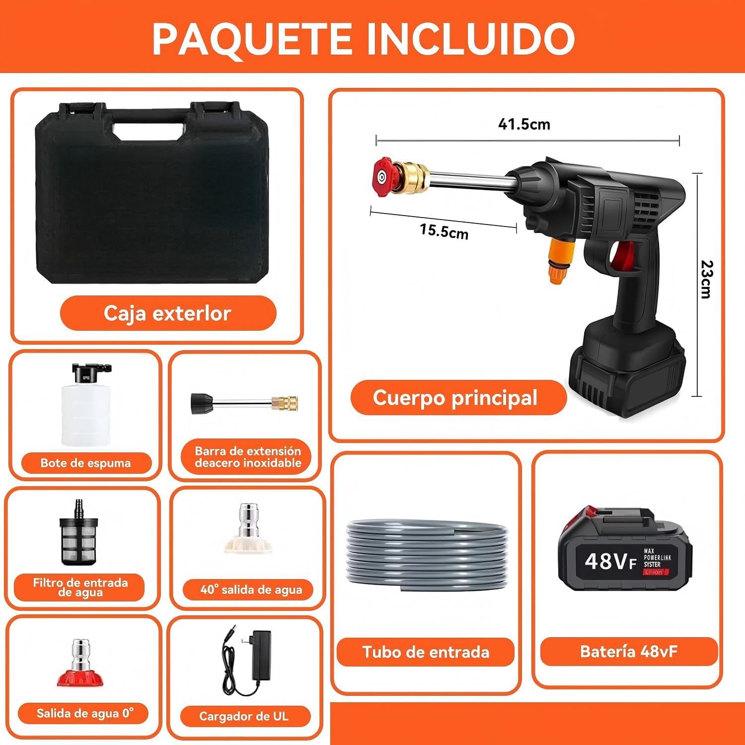 ACOVARK Hidrolavadora Inalámbrica Portátil con 2 Boquillas y Cañón de Espuma, Pistola para Hidrolavadora con Manguera de 5m, Alcance de 6-8 Metros, con Caja de Herramientas, para Pisos y Vehículos
