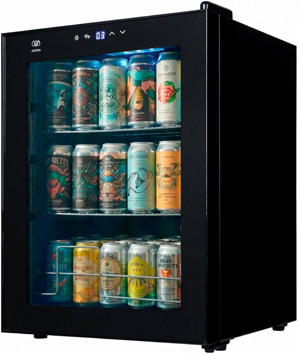 AVERA Refrigerador enfriador de bebidas 75 latas, Puerta de vidrio, Estantes removibles, Luz interior, Panel táctil, Ajuste de temperatura 3°C a 18 °C. Frigobar capacidad 63L | EBC75
