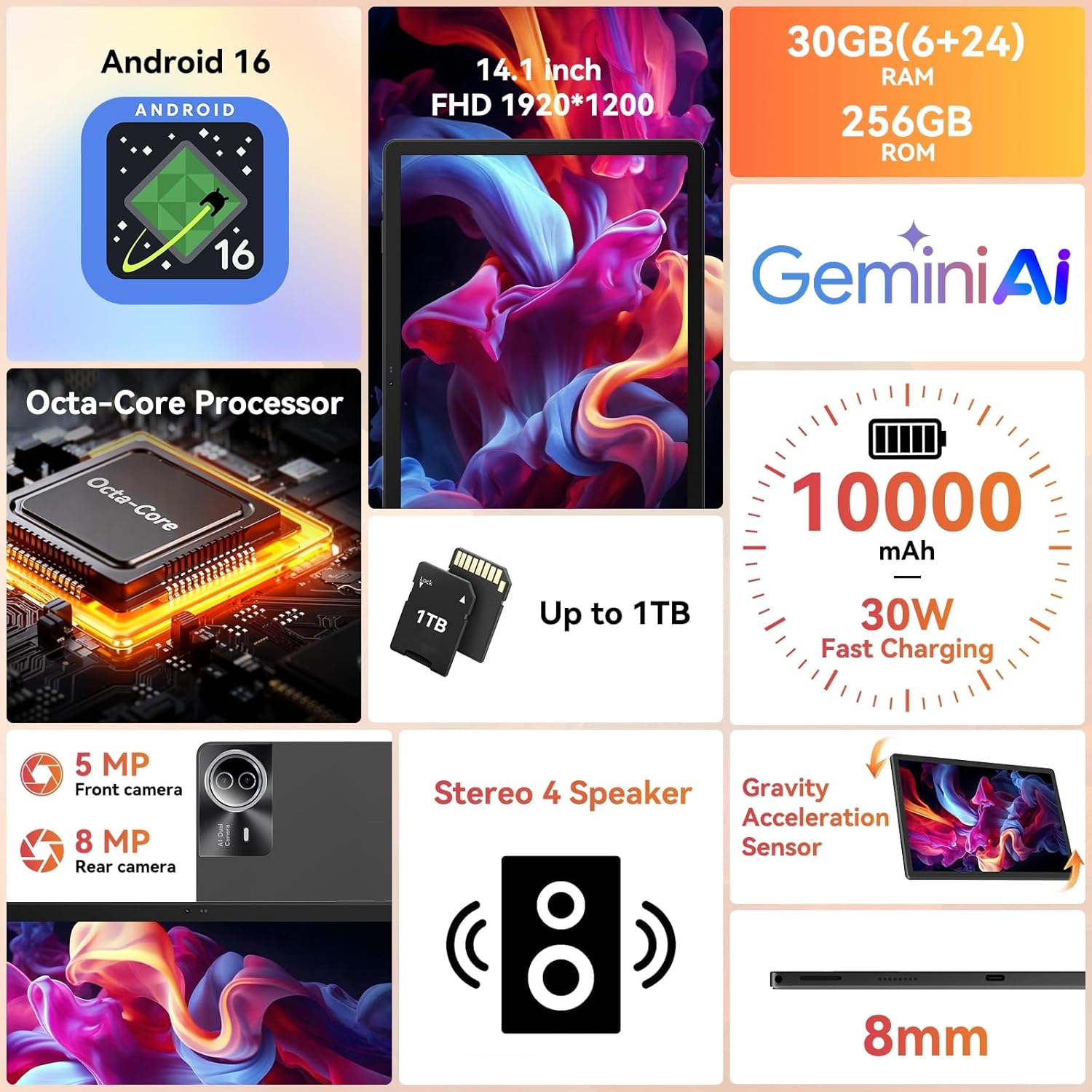 URAO Tablet Android 15, 14 pulgadas 30 GB RAM, 256 GB ROM, 1920 x 1200 IPS FHD, 10000 mAh, carga rápida de 30 W, procesador Octa-Core, Wi-Fi 6, BT 5.4,...
