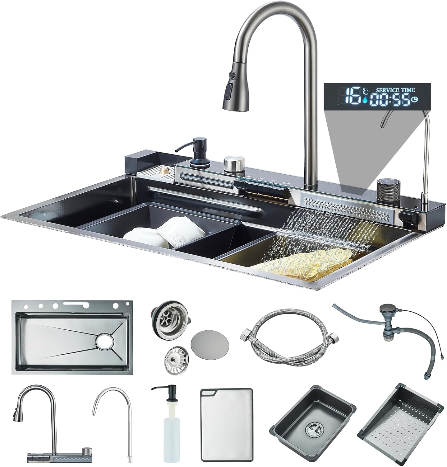 Tarjas Para Cocina Acero Inoxidable Fregadero De Cocina con Extraíble Grifo Engrosado, Cocina Integral con Dispensador de jabón Colador de Drenaje y Accesorios (Tamaño : 60x46cm)