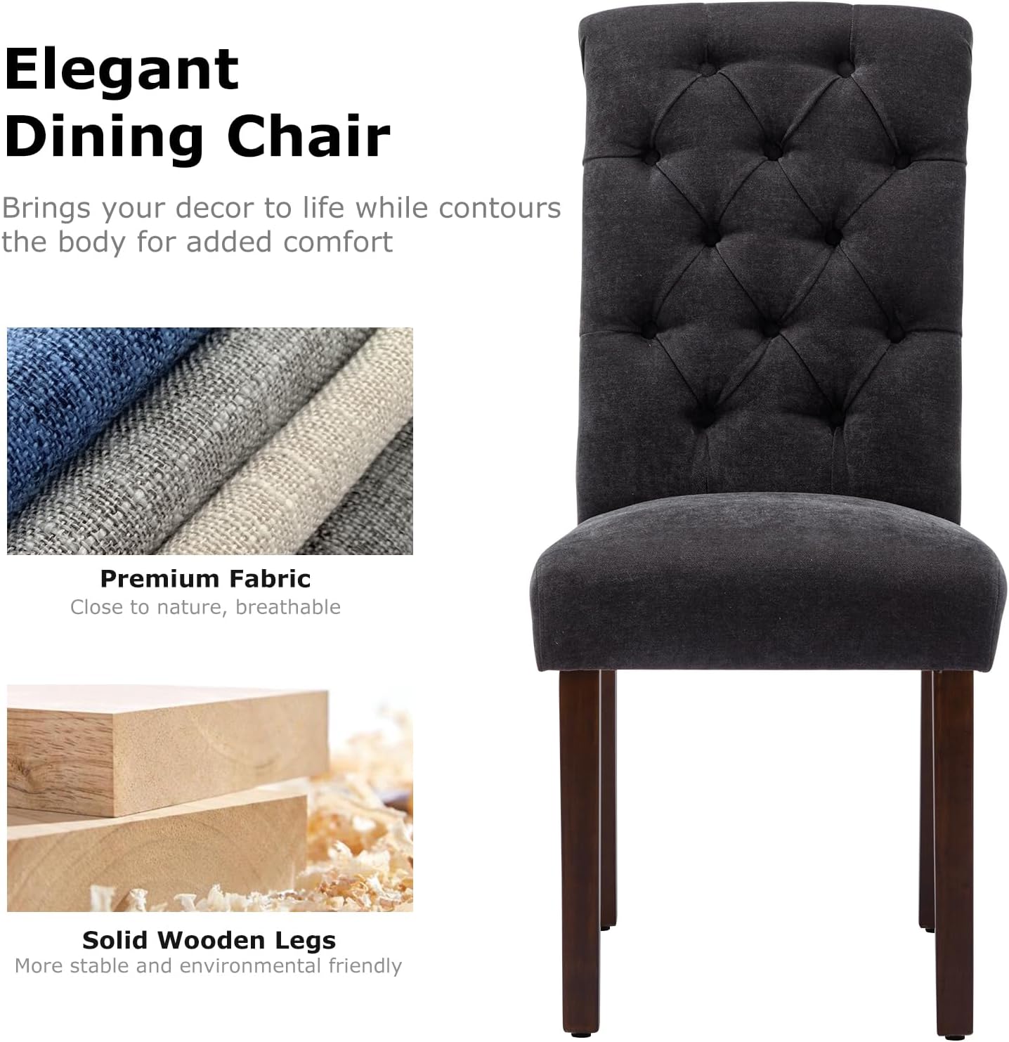 COLAMY - Juego de 6 sillas de Comedor con Botones y tapizadas, con Patas de Madera Maciza y Asiento Acolchado para Comedor, Cocina, Color Gris