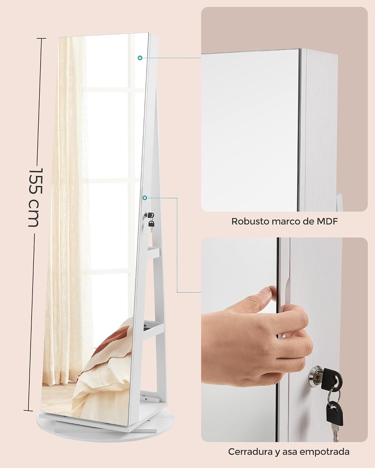 ✨ Espejo de Cuerpo Entero con Armario Joyero Giratorio 360° | Luz LED de 3 Colores | Organizador con Cerradura | Almacenamiento Multifuncional para Dormitorio 💎