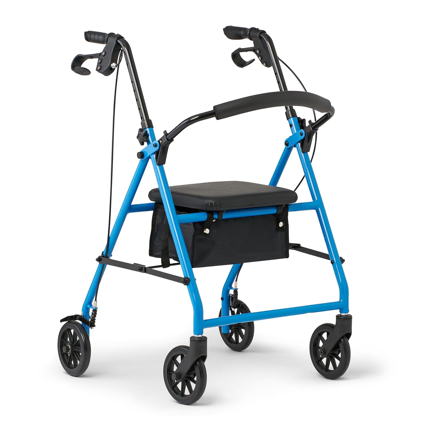 Medline Mobility - Rodillo de acero confiable para movilidad, color azul claro, 300 libras. Capacidad de peso, ruedas de 6 pulgadas, mango ajustable, asiento y respaldo acolchados, caminante rodante