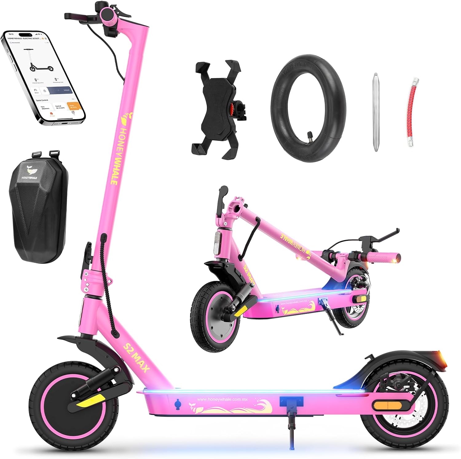 HONEYWHALE M1 MAX/S2 MAX Scooter Eléctrico 500W-32KM/H-22KM Patin Electrico | Diseño Plegable, Doble Suspensión, Neumáticos Inflables de 10", APP Bluetooth, Doble Freno e Intermitentes, Más Comodidad