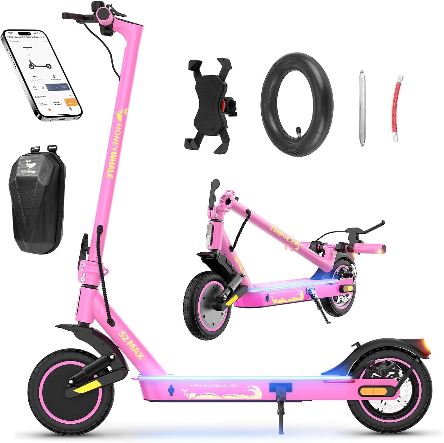 HONEYWHALE M1 MAX/S2 MAX Scooter Eléctrico 500W-32KM/H-22KM Patin Electrico | Diseño Plegable, Doble Suspensión, Neumáticos Inflables de 10", APP Bluetooth, Doble Freno e Intermitentes, Más Comodidad