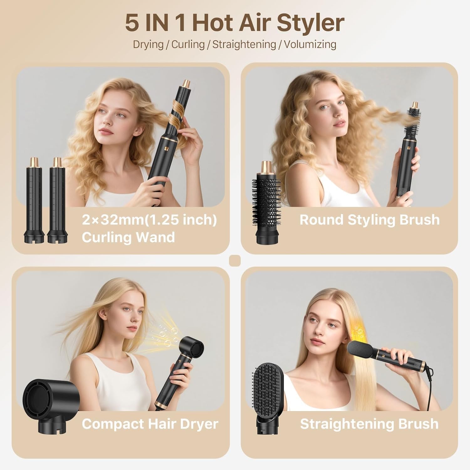 Cepillo Soplador de Pelo 5 en 1|Kit Secador de Pelo con Peine de Aire Caliente|Rizador de Pelo Desmontable Cepillo Alisador Pelo|Multifunción|3 Temperatura Ajustable para Rizar Voluminizar y Alisar