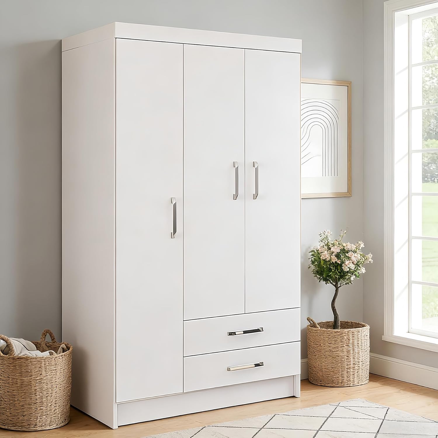TRIUMPHKEY Ropero Closet Madera para Recamara Armarios para Ropa con 2 Cajones Closet con 3 Puertas Minimalista Muebles para Sala De Estar 90x46x180CM (Blanco)