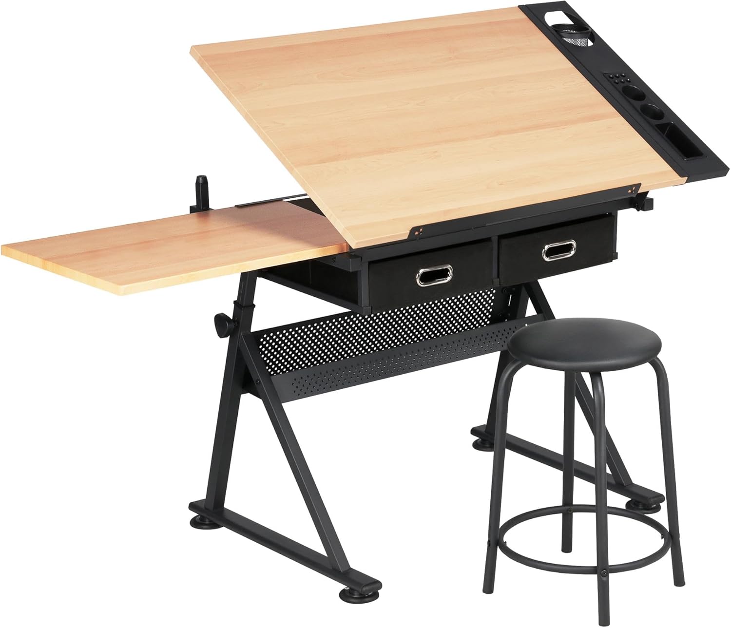 Yaheetech - computadora de arte blanco ajustable en altura para adultos, mesa inclinable de dibujo con computadora extragrande y cajones, juego de mesa y silla plegable para manualidades con taburetes