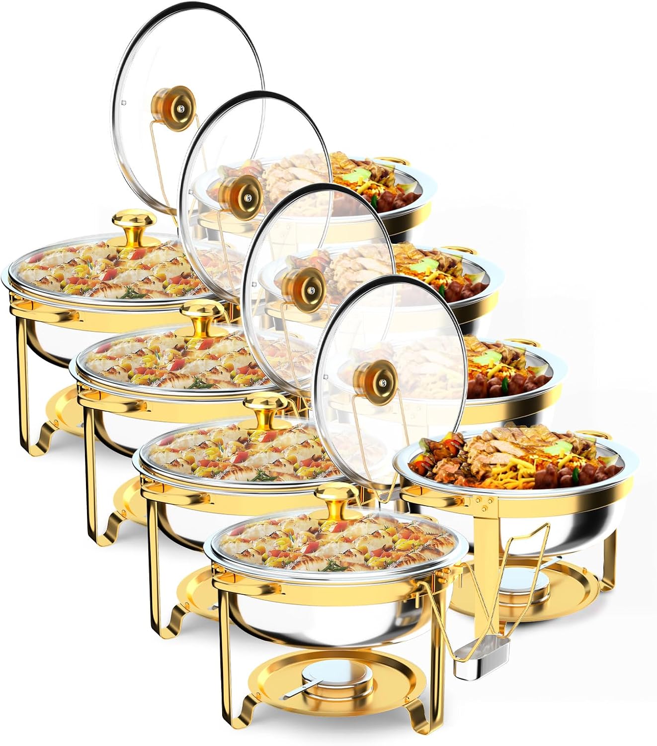  Juego de 8 platos dorados para bufé, juego de buffet redondo de 5 cuartos de galón, chafers de acero inoxidable y calentadores de buffet para fiestas, bodas, catering