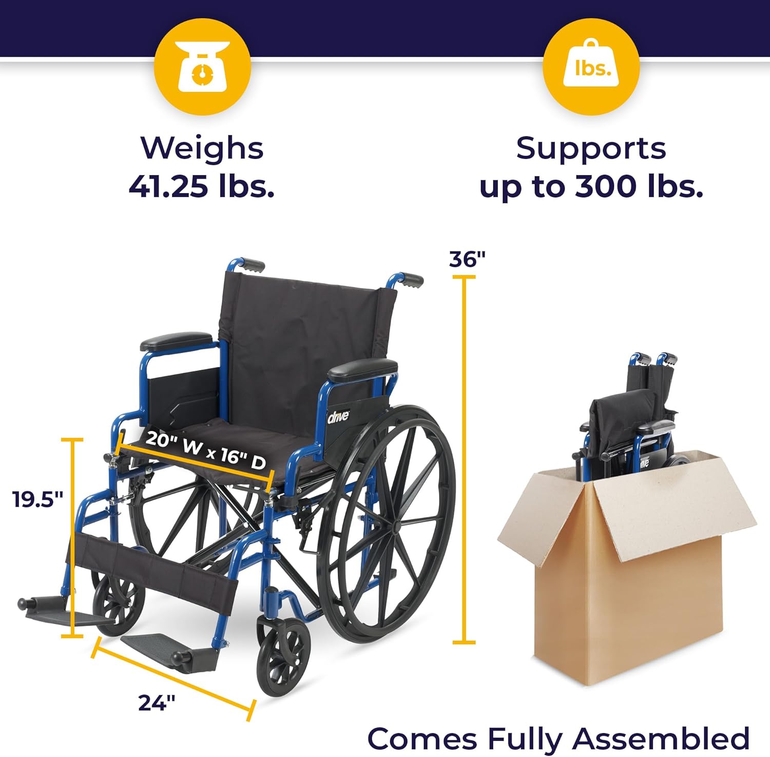 Drive Medical BLS20FBD-ELR Blue Streak Wheelchair with Flip Back Desk Arms and Elevating Leg Rests, Blue