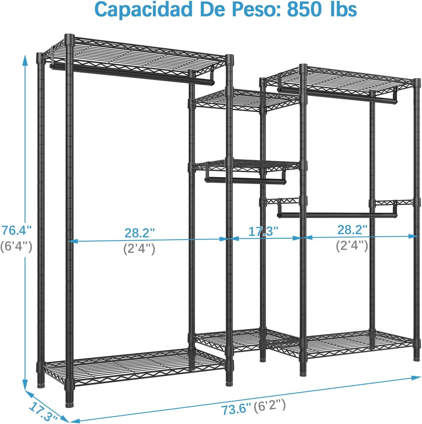 VIPEK V6 Perchero de ropa Resistente de Metal con Estantes, Estante de Clóset Portátil no Empotrado para Colgar Ropa, Ajustable perchero para ropa, Metal Closet para Ropa, Closet de Ropa Carga 386KG