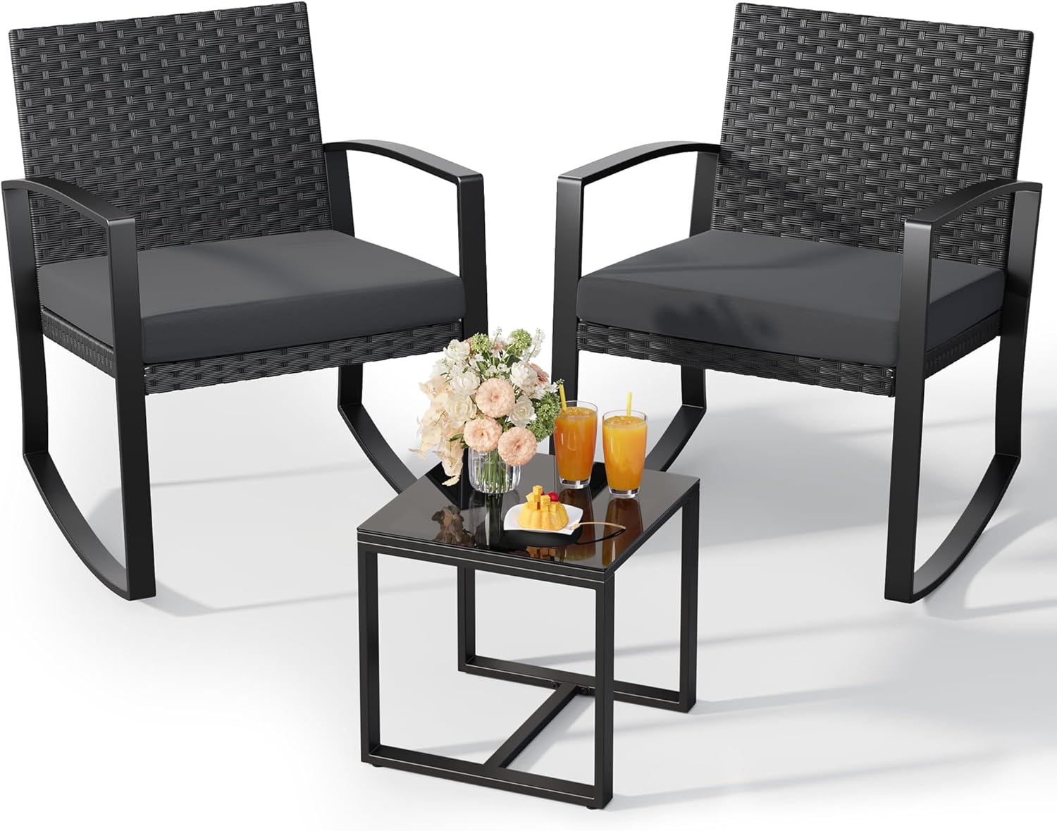 Qsun Juego de muebles de patio de 3 piezas, juego de bistró mecedor, juego de muebles de patio al aire última intervensión con mesa de centro para jardín, balcón, patio trasero, piscina (cojín negro)